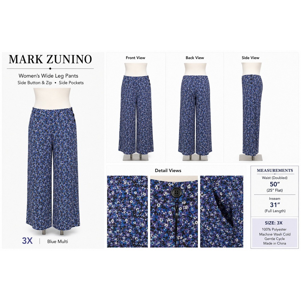 Mark Zunino Womens 3X Wide Leg Pants Blue Multi Floral Side Zip Pockets Trousers
